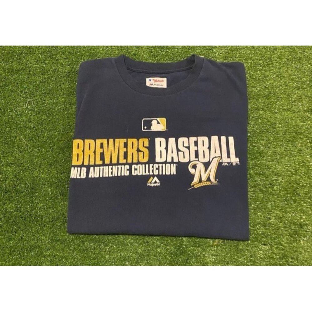 Milwaukee Brewers shirt mens large blue gold Y2K majestic short sleeve MLB